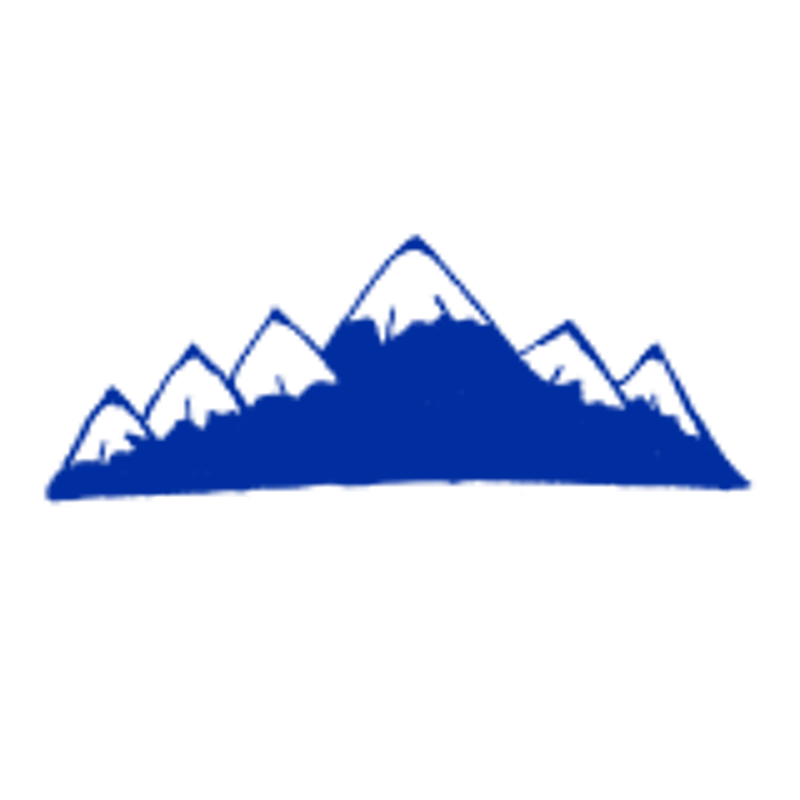 The image shows a stylized, dark blue silhouette of a mountain range against a black background. The mountains have jagged peaks, suggesting a rugged terrain. The overall impression is simple and graphic, reminiscent of a logo or emblem. The contrast between the dark blue and black creates a stark, visually striking image. A small white dot is present above the mountain. 